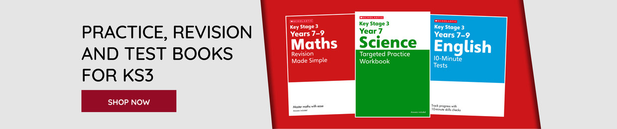 A grey and red banner with a selection of KS3 home learning practice books and test papers.