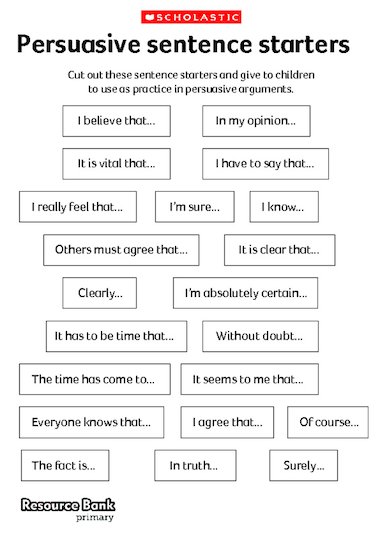 Persuasive sentence starters – Primary KS2 teaching 