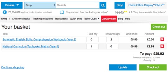 Basket containing two rewards items and one paid item Basket containing two rewards items and one paid item