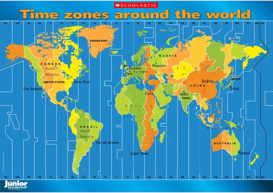 Times Around The World Map Time zones around the world – map poster   Scholastic Shop