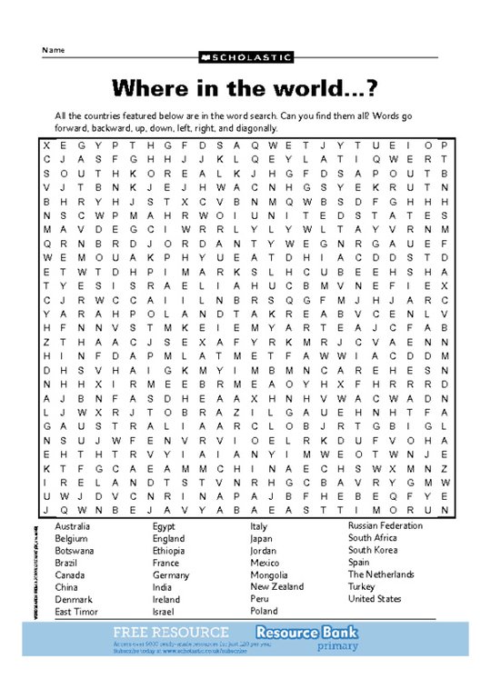 Where in the world - wordsearch