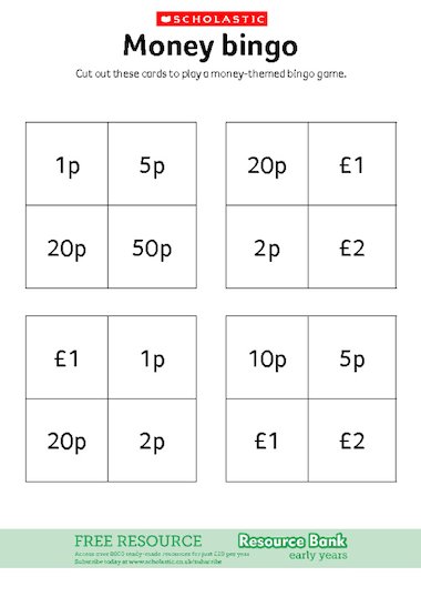 Money bingo FREE Early Years teaching resource Scholastic