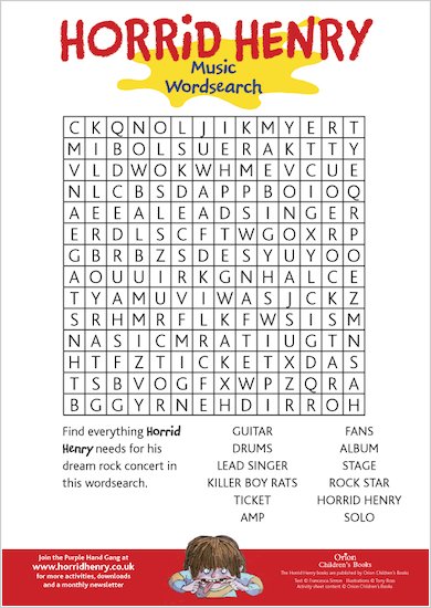 Horrid Henry Music Wordsearch