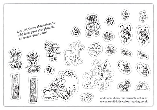 World Kids Colouring Day character sheet.