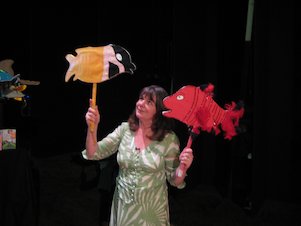 Julia Donaldson with fish puppets Julia Donaldson with fish puppets