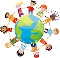 Children holding hands around globe