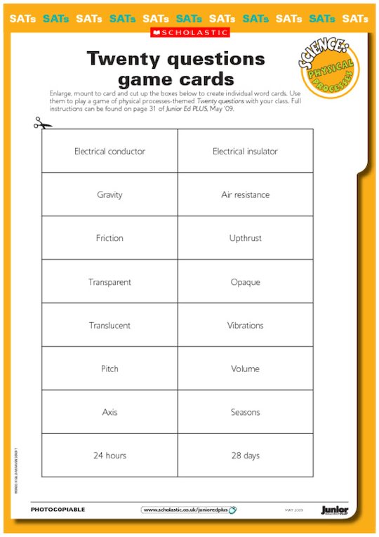 Twenty questions science game cards