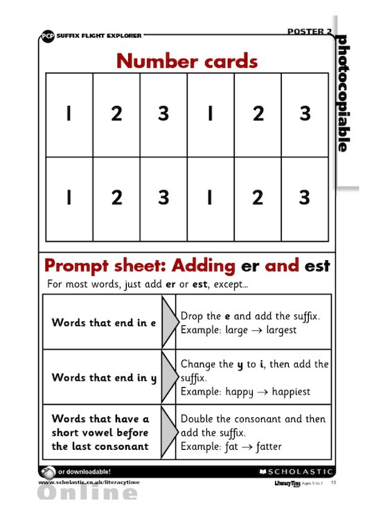 Number cards and Prompt Sheet: adding _-er_ and _-est_