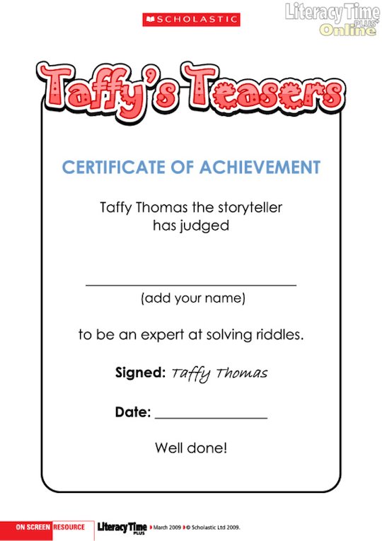 Taffy's Teasers certificate