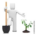 Graphic of man with large spade stood next to small tree