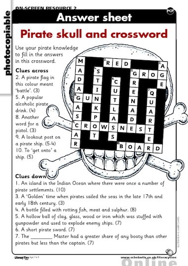 Pirate skull and crossword answer sheet FREE Primary KS2 teaching
