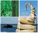 Montage of forest and pebble sculpture