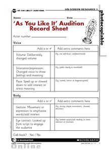 As You Like It – Audition record sheet