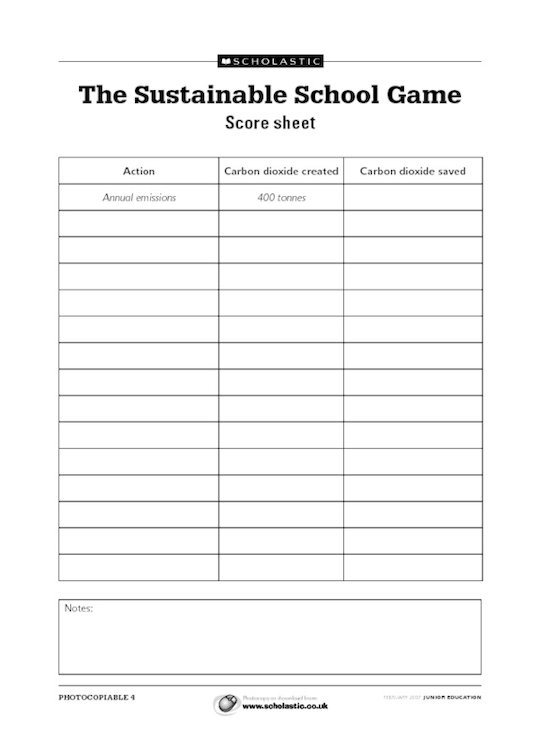 The Sustainable School Game - score sheet