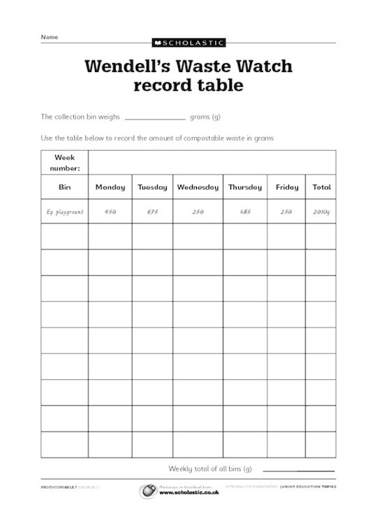 School waste watch record table