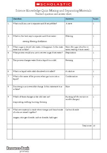 Science Knowledge Quiz: Mixing and Separating Materials – Teacher’s answer sheet
