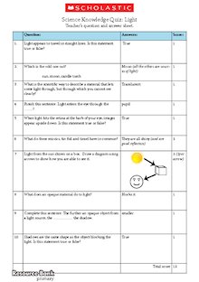 Science Knowledge Quiz: Light – Teacher’s answer sheet