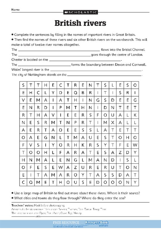 British rivers - quiz and wordsearch