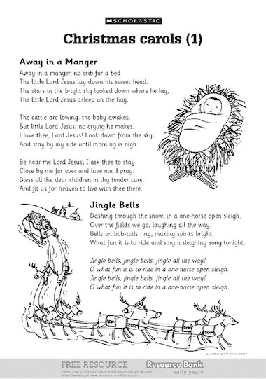 Away in a manger' and 'Jingle bells' lyrics (Christmas carols 1) – FREE  Early Years teaching resource - Scholastic