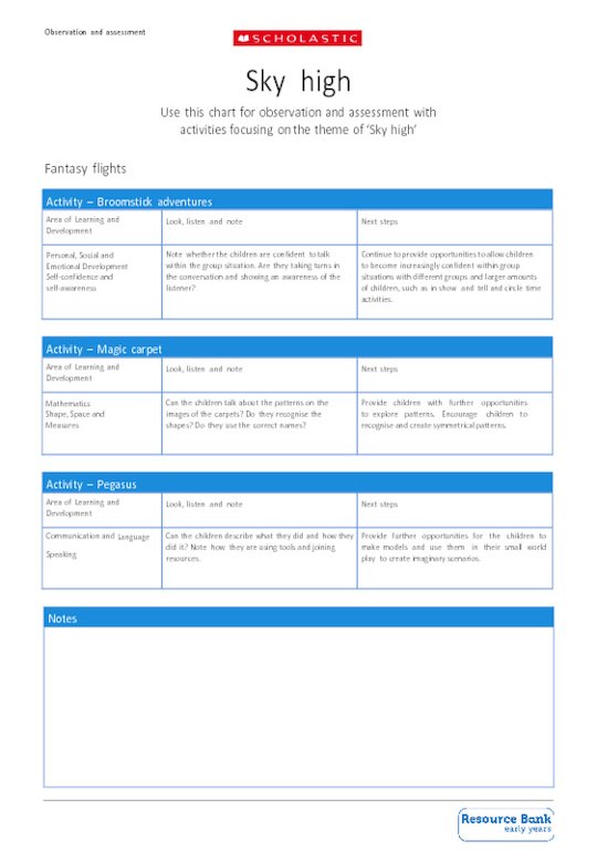 Observation and assessment chart for 'Sky high' activities