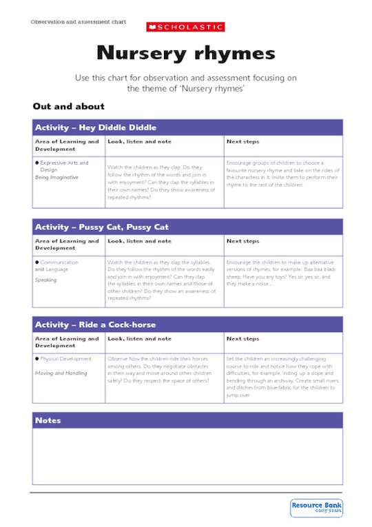 Nursery rhymes - observation and assessment chart