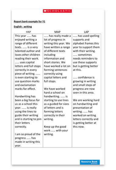 Report Bank Example Year 1 Writing Primary KS1 KS2 Teaching 