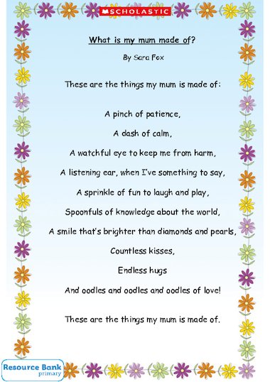 What is my mum made of? poem and activity sheet – Primary KS1 & KS2