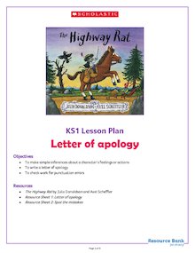 The Highway Rat KS1 activity pack – Letter of apology