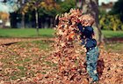 boy playing with leaves
