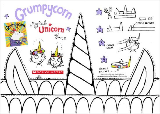 Grumpycorn activity sheet - colour in and make your own unicorn horn