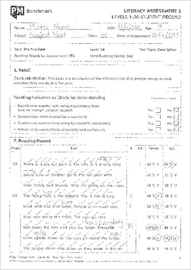PM Benchmark Literacy Assessment Kit - Example Student Record - Level_16