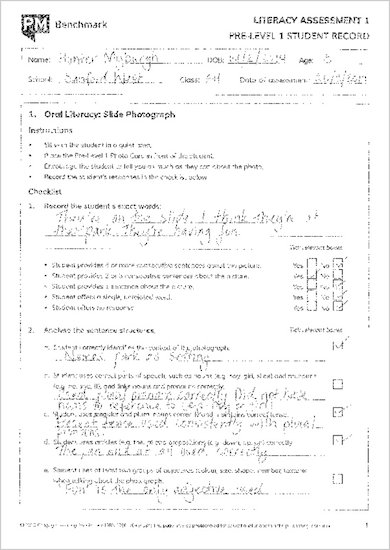 PM Benchmark Literacy Assessment Kit - Example Student Record - Pre-Level 1