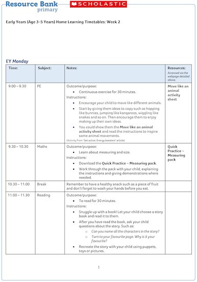 Early Years home learning timetable week 2 (11 pages)