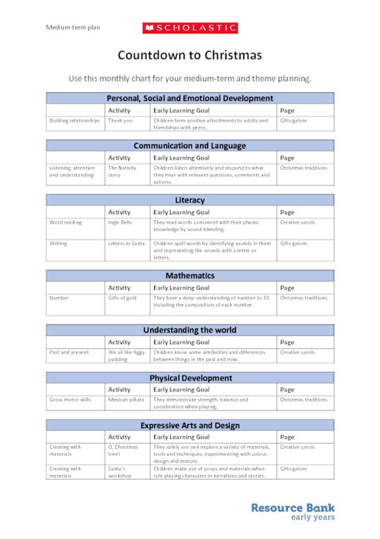 Medium-term plan for 'Countdown to Christmas' activities