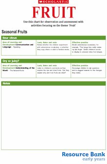 Observation and assessment chart for the ‘Fruit’ theme