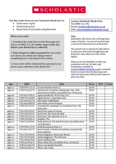 Scholastic Book Fair Order Form Spring 2023 - Word Document