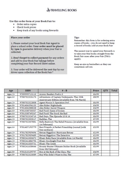 Travelling Book Fair Order Form Spring 2023 - Word Document