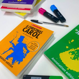 The GCSE Annotation Edition Set Texts scattered on a white table with pens and highlighters. The GCSE Annotation Edition Set Texts scattered on a white table with pens and highlighters.