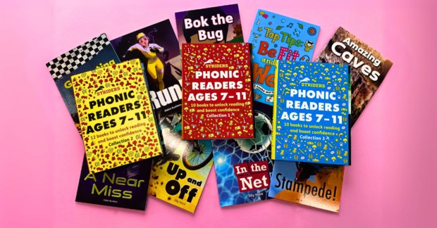 A selection of Striders Phonics Readers on a plain pink background A selection of Striders Phonics Readers on a plain pink background
