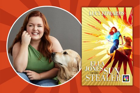 A red striped background with a photo of Lucy Edwards and her guide dog, Miss Molly, next to the book cover of Ella Jones vs the Sun Stealer.