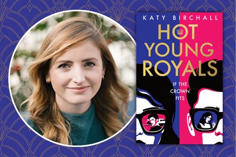 A purple background with gold detailing featuring a headshot of Katy Birchall and the cover image of Hot Young Royals.