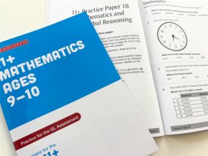 The front cover of the 11+ Maths Ages 9-10 Practice Book along with an inside spread of one of the 11+ Practice Papers. The front cover of the 11+ Maths Ages 9-10 Practice Book along with an inside spread of one of the 11+ Practice Papers.
