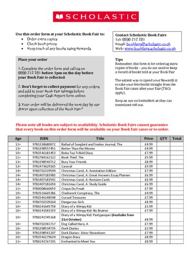 Scholastic Secondary Book Fair Order Form Autumn 2025 - PDF