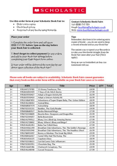 Scholastic Book Fair Order Form Autumn 2025 - PDF Scholastic Book Fair Order Form Autumn 2025 - PDF