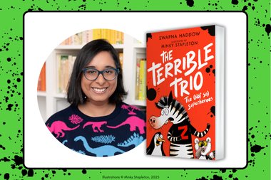 A green background with black paint splatters and a photo of Swapna Haddow and the Terrible Trio cover image.