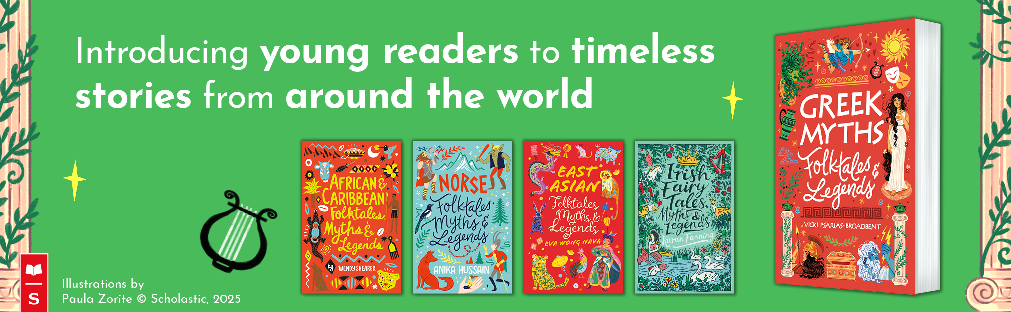 A green background featuring a selection of Scholastic Classics books.