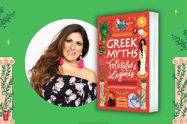A photo of Vicki Psarias-Broadbent next to the cover of Greek Myths, Folktales & Legends
