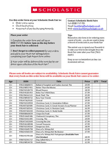Scholastic Secondary Book Fair Order Form Autumn 2025 - PDF