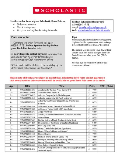 Scholastic Book Fair Order Form Spring 2026 PDF