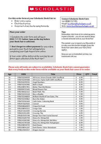 Scholastic Secondary Book Fair Order Form Spring 2026 PDF